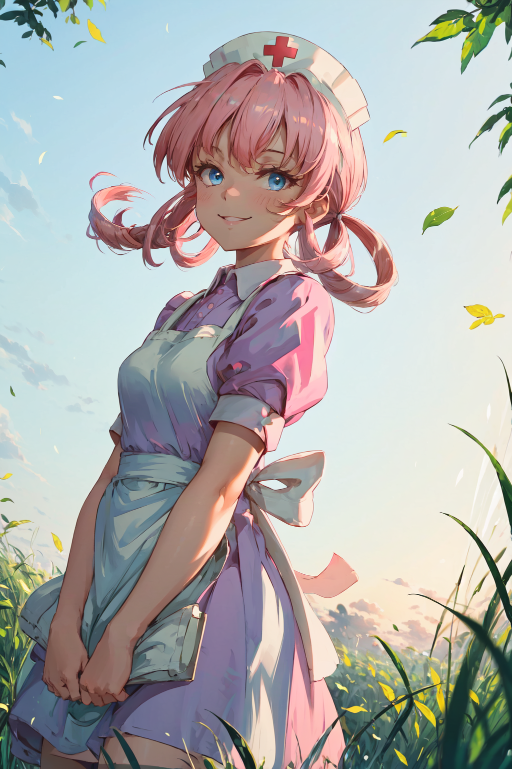 00865-854345768-masterpiece,best quality,1girl,nurse joy,hair rings,bangs,pink hair,blue eyes,nurse cap,pink collared dress,apron,smile,standing.png